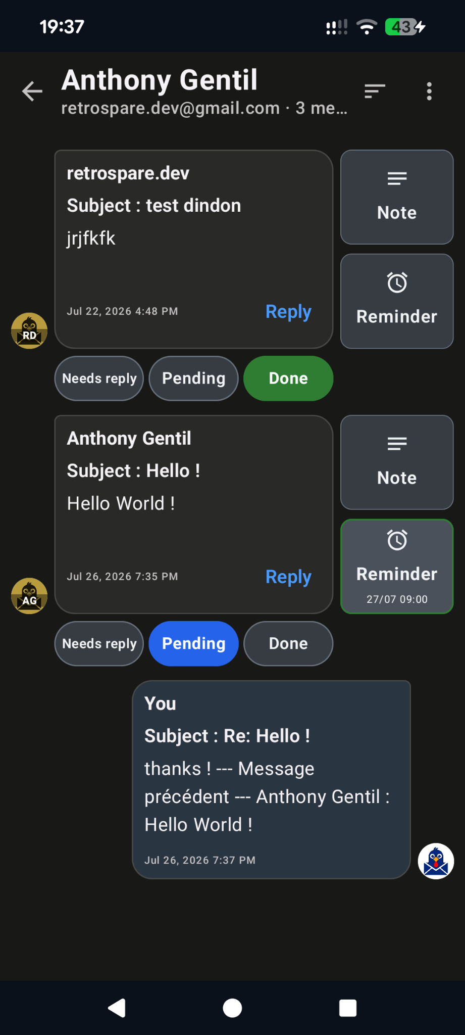 Conversation e-mail présentée comme une messagerie dans DinDon Mail